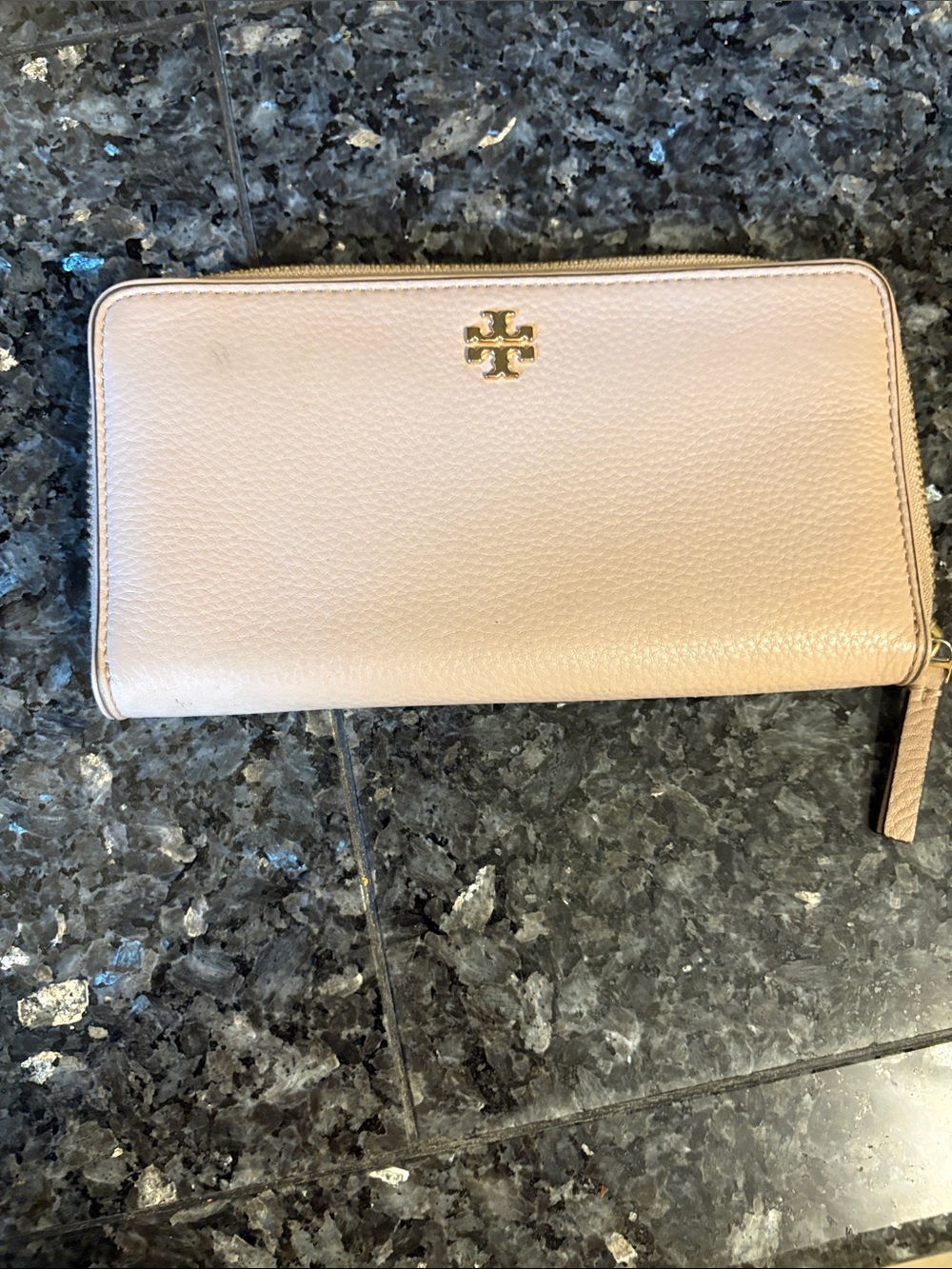 Tory Burch Blush Zip-Around Pebble Leather Wallet with Gold Logo